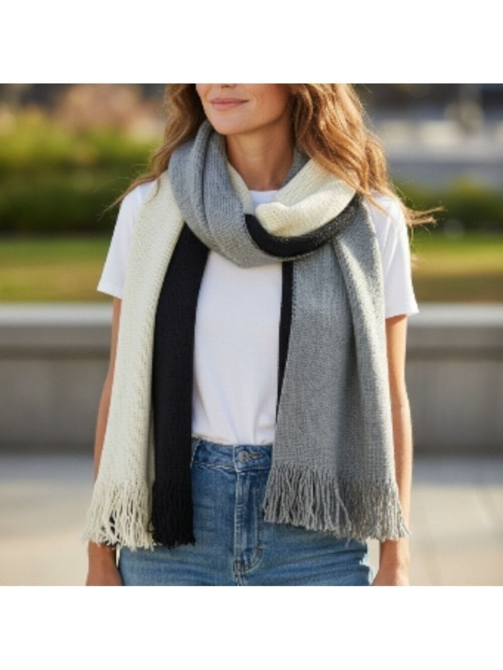 DONNI Black Gray Cream Knit Scarf #SCA8